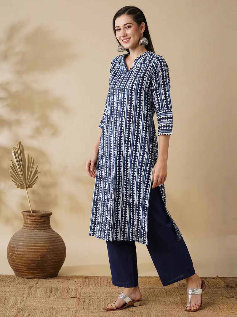 globus Women V-Neck Allover Geometric Stripe Printed Straight Kurta & Pants Workwear Set