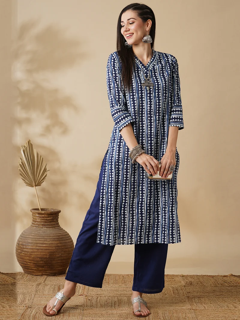 globus Women V-Neck Allover Geometric Stripe Printed Straight Kurta & Pants Workwear Set