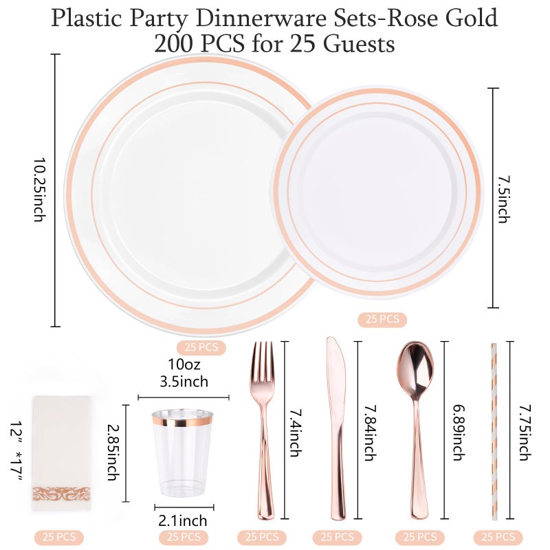 ISFANGCO 200PCS Rose Gold Dinnerware Set for 25 Guests  Rose Gold Rim Plastic Disposable Plates for Party Wedding Include 25 Dinner Plates  Dessert Plates  Silverware Set  Napkins  Cups  Straws - Image 2