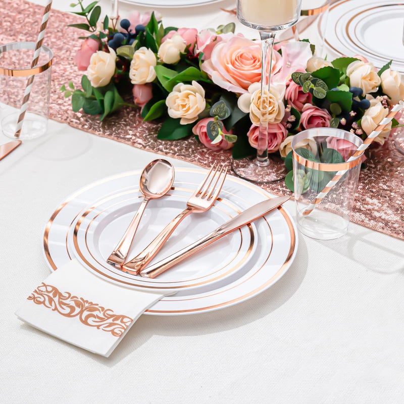 ISFANGCO 200PCS Rose Gold Dinnerware Set for 25 Guests  Rose Gold Rim Plastic Disposable Plates for Party Wedding Include 25 Dinner Plates  Dessert Plates  Silverware Set  Napkins  Cups  Straws - Image 5