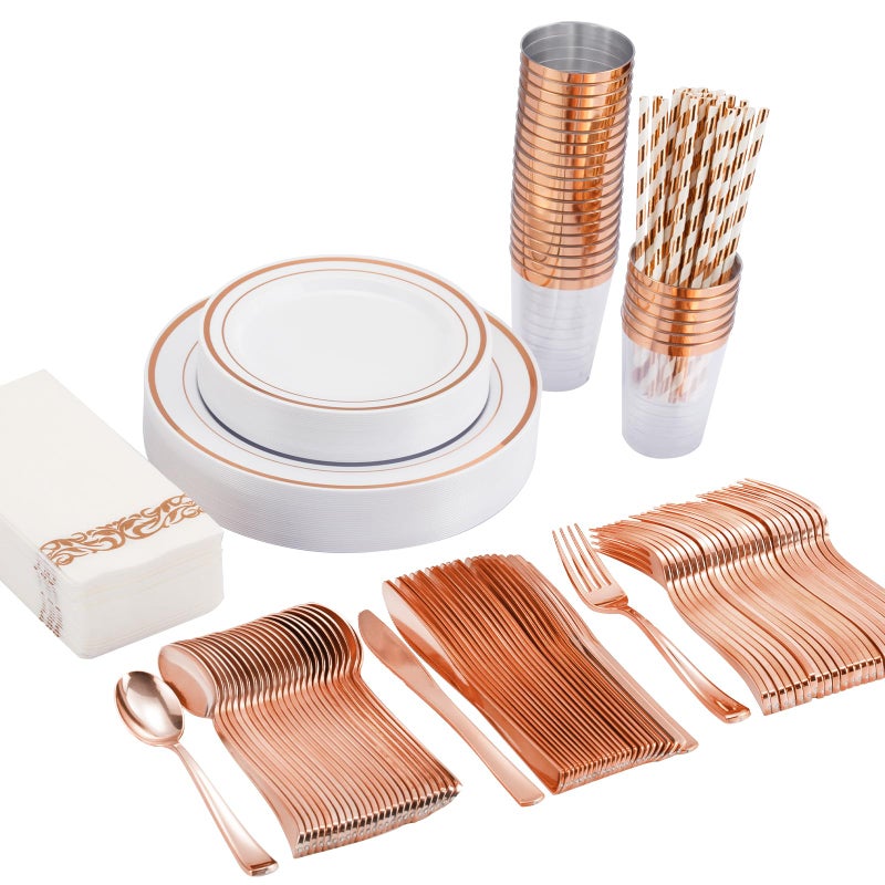 ISFANGCO 200PCS Rose Gold Dinnerware Set for 25 Guests  Rose Gold Rim Plastic Disposable Plates for Party Wedding Include 25 Dinner Plates  Dessert Plates  Silverware Set  Napkins  Cups  Straws - Image 1
