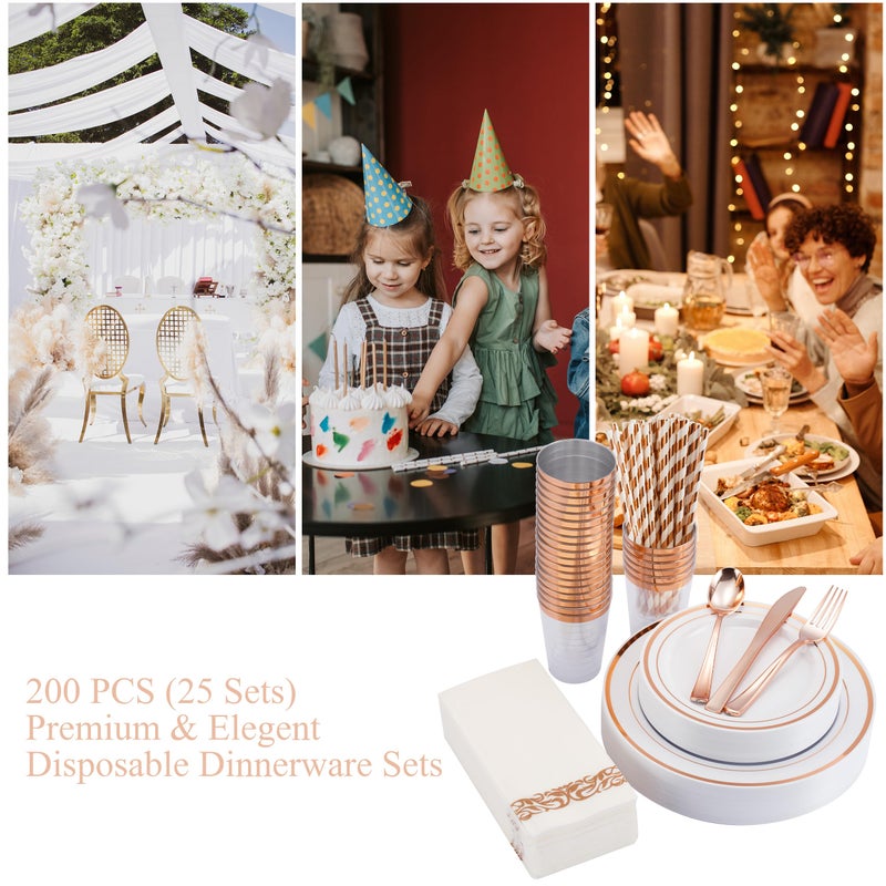 ISFANGCO 200PCS Rose Gold Dinnerware Set for 25 Guests  Rose Gold Rim Plastic Disposable Plates for Party Wedding Include 25 Dinner Plates  Dessert Plates  Silverware Set  Napkins  Cups  Straws - Image 4