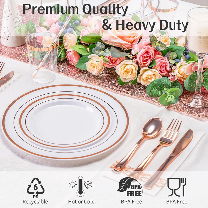 ISFANGCO 200PCS Rose Gold Dinnerware Set for 25 Guests  Rose Gold Rim Plastic Disposable Plates for Party Wedding Include 25 Dinner Plates  Dessert Plates  Silverware Set  Napkins  Cups  Straws - Image 3