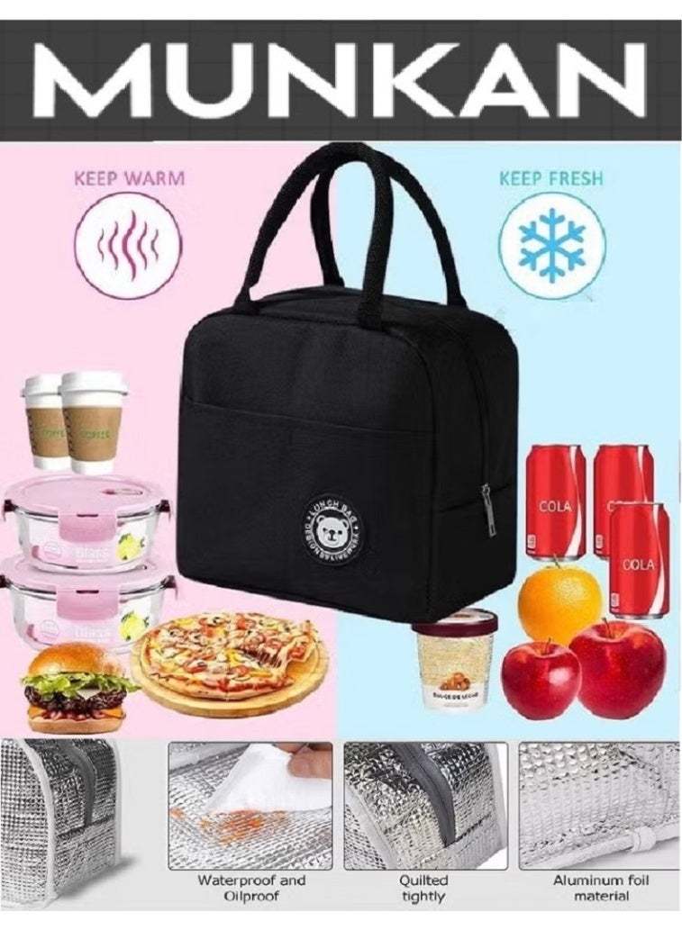 MunKan Insulated Lunch Bag Large Capacity Polyester Handbag - Leakproof Cooler Bag - Reusable Lunch Box for Student,Girl, Boy, Men, Women, Outdoor, Office, Picnic ( Black ) - Image 1