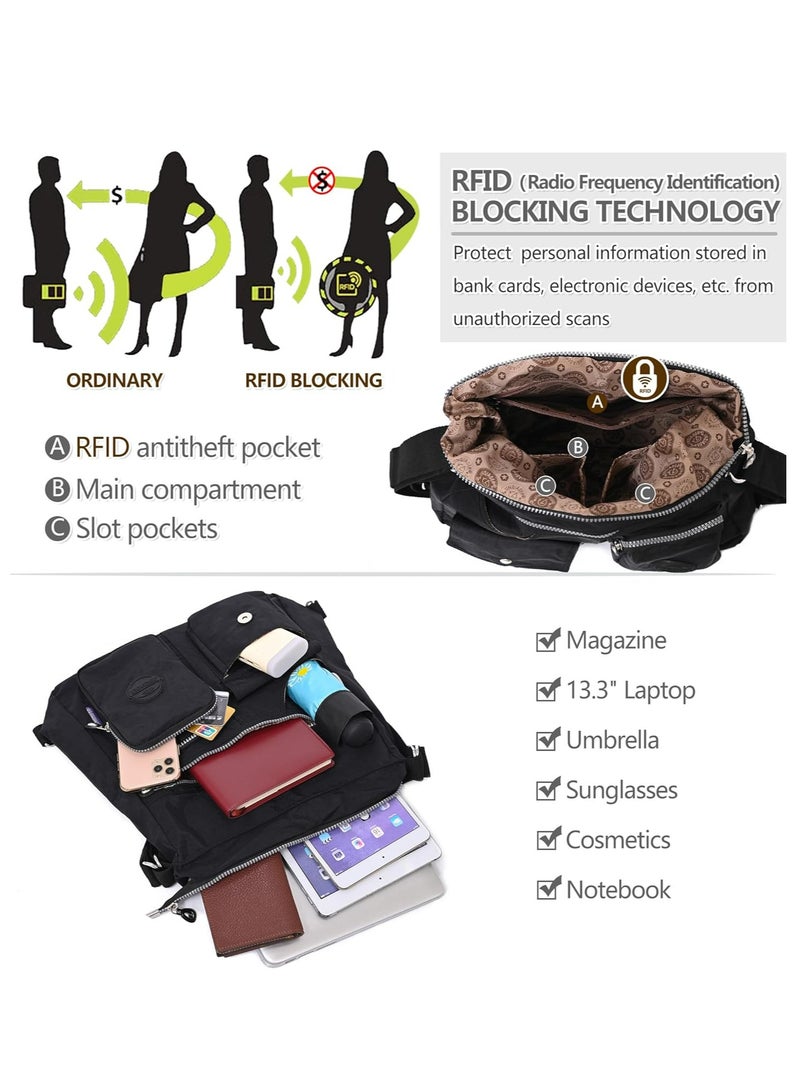 Multipurpose Hobo Purse for Women with Antitheft RFID, Waterproof Nylon Crossbody Bag Shoulder Handbag, Convertible Backpack  - Image 2