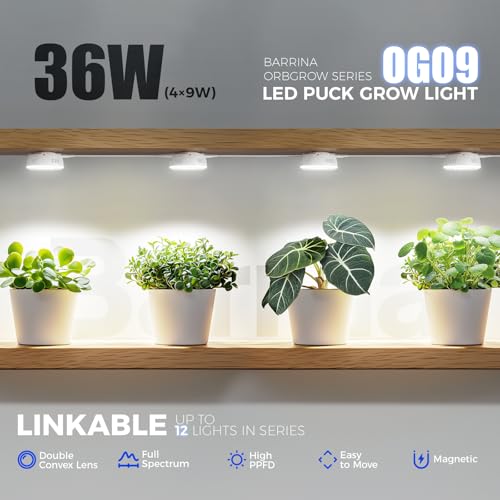 Barrina Orbgrow OG09 Puck Grow Light, 5000K 36W(4 x 9W, 540 Watt Equiv), Full Spectrum Plant Light for Indoor Plants, Magnetic & Linkable with Timer, 5 Levels Dimmable for Plant Shelf, 4 Packs - Image 3