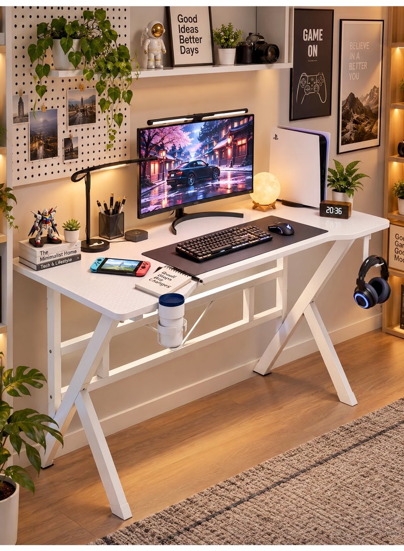ALIVINGHOME Carbon Fiber Desktop Gaming Desk, Curved Computer Table with Cup Holder Headphone Hook Cable Hole Stable Metal Frame for Gaming Office - Image 1