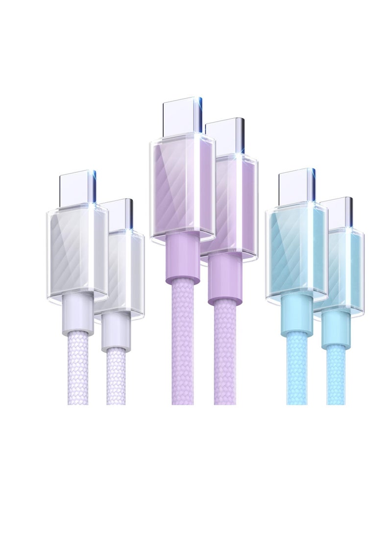USB C Cable 60W, 3 Pack Fast Charging Lower Temp USB C to USB C Cable, Type C to Type C Charger Braided USB Cable for iPhone 15/15 Pro Max, MacBook, iPad, Samsung Galaxy S23, Blue, White, Purple - Image 1
