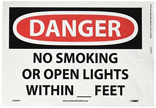 NMC D589PB OSHA Sign, Legend "DANGER - NO SMOKING OR OPEN LIGHTS WITHIN _ FEET", 14" Length x 10" Height, Pressure Sensitive Vinyl, Black/Red on White - Image 3