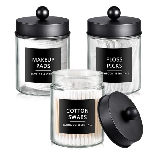 SheeChung 3Pack Black Glass Apothecary Jars RustProof Stainless Steel Qtip Holder Set Modern Farmhouse Bathroom Vanity Organizer for Cotton Swabs Balls Pads Countertop Storage Canister - Image 1