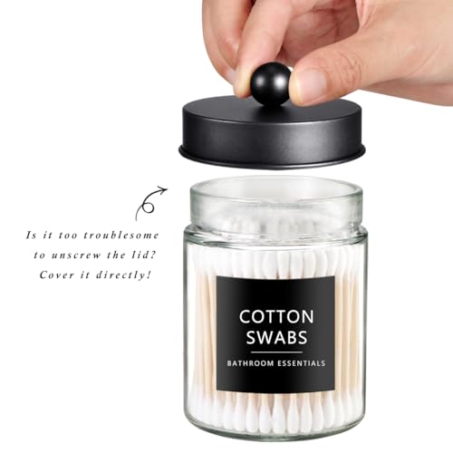 SheeChung 3Pack Black Glass Apothecary Jars RustProof Stainless Steel Qtip Holder Set Modern Farmhouse Bathroom Vanity Organizer for Cotton Swabs Balls Pads Countertop Storage Canister - Image 3