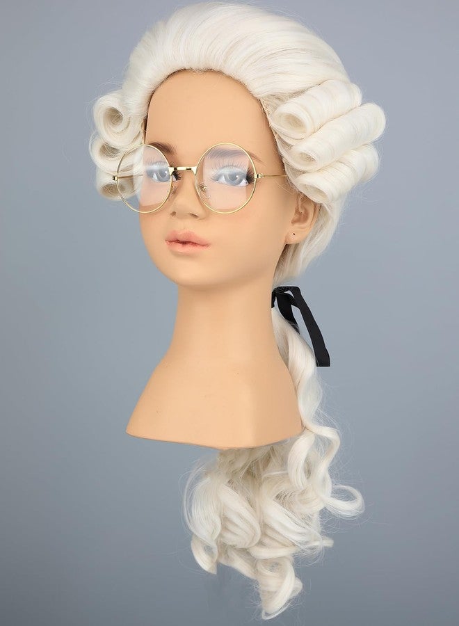 morvally Kids Colonial Judge Wig and Glasses 18th Century Costume Blonde Powered Hair Wig for Children Halloween Costume Cosplay (Beige) - Image 1