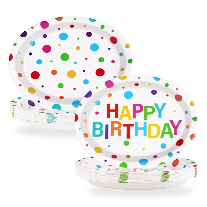 Grencian 50Pcs Happy Birthday Oval Paper Plates 10"" x 12"" Large Disposable 400GSM Heavy Duty Rainbow Colorful Dots Platters Plates Happy Birthday Party Decorations for BBQ Picnic Baby Shower Party Supplies - Image 1