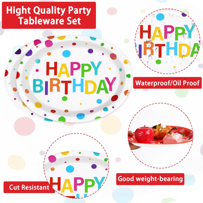 Grencian 50Pcs Happy Birthday Oval Paper Plates 10"" x 12"" Large Disposable 400GSM Heavy Duty Rainbow Colorful Dots Platters Plates Happy Birthday Party Decorations for BBQ Picnic Baby Shower Party Supplies - Image 3