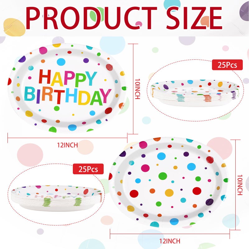 Grencian 50Pcs Happy Birthday Oval Paper Plates 10"" x 12"" Large Disposable 400GSM Heavy Duty Rainbow Colorful Dots Platters Plates Happy Birthday Party Decorations for BBQ Picnic Baby Shower Party Supplies - Image 2