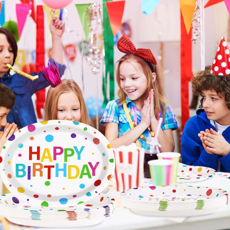 Grencian 50Pcs Happy Birthday Oval Paper Plates 10"" x 12"" Large Disposable 400GSM Heavy Duty Rainbow Colorful Dots Platters Plates Happy Birthday Party Decorations for BBQ Picnic Baby Shower Party Supplies - Image 5