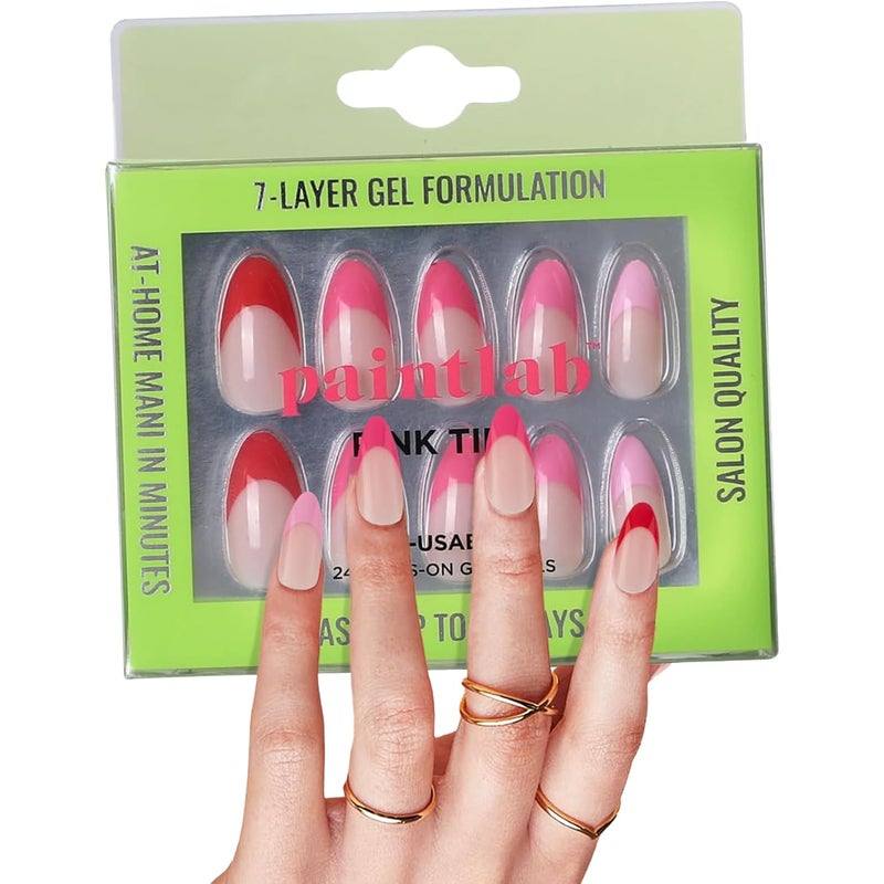 PaintLab Press-On Nails Manicure Kit, Pink Tip - Almond, 24-Piece Set, Long-Lasting Fake Nails with Glue, File, Prep Pad & Cuticle Stick
