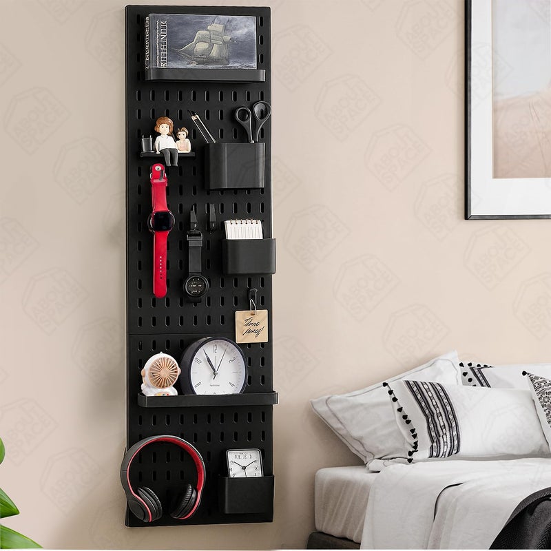 ABOUT SPACE Peg Board - 4 Pcs Pegboard Wall Organizer with 16 Accessories & Self-Adhesive Stickers for Home Office, Bathroom, Kitchen, White Pegboard Wall Hanging - Metal(Black - L 28 x H 28 cm) - Image 5