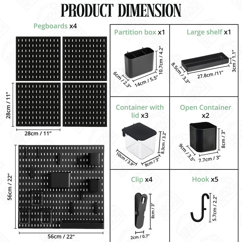 ABOUT SPACE Peg Board - 4 Pcs Pegboard Wall Organizer with 16 Accessories & Self-Adhesive Stickers for Home Office, Bathroom, Kitchen, White Pegboard Wall Hanging - Metal(Black - L 28 x H 28 cm) - Image 2