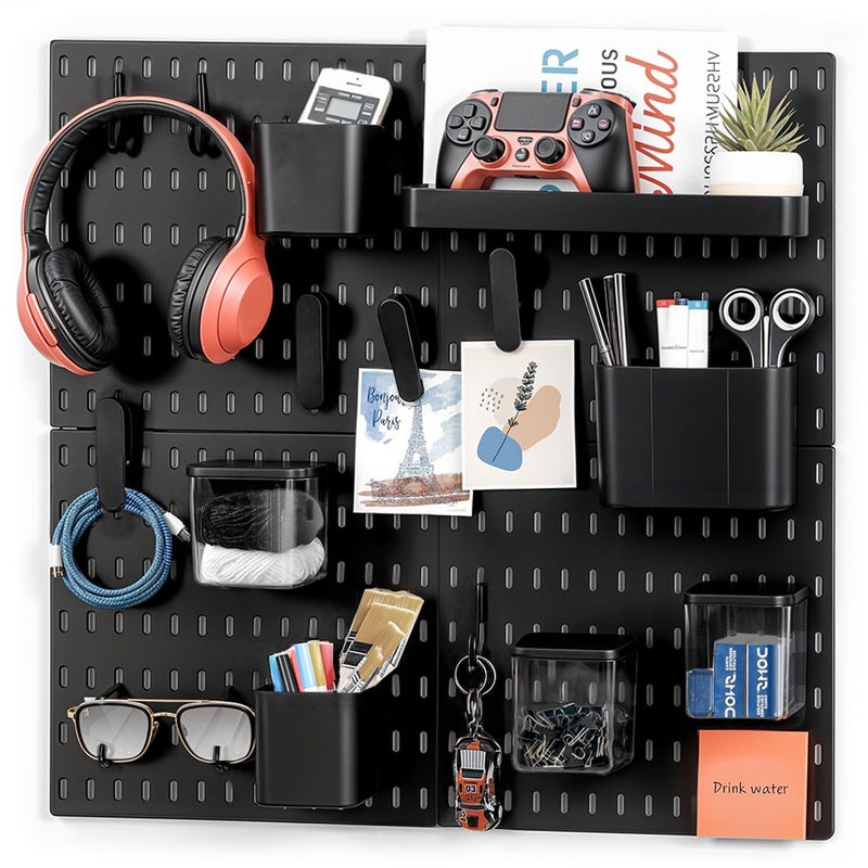 ABOUT SPACE Peg Board - 4 Pcs Pegboard Wall Organizer with 16 Accessories & Self-Adhesive Stickers for Home Office, Bathroom, Kitchen, White Pegboard Wall Hanging - Metal(Black - L 28 x H 28 cm) - Image 1