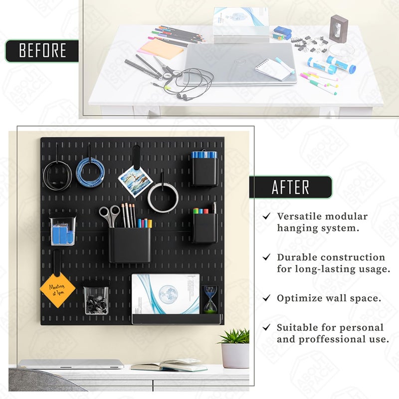 ABOUT SPACE Peg Board - 4 Pcs Pegboard Wall Organizer with 16 Accessories & Self-Adhesive Stickers for Home Office, Bathroom, Kitchen, White Pegboard Wall Hanging - Metal(Black - L 28 x H 28 cm) - Image 3