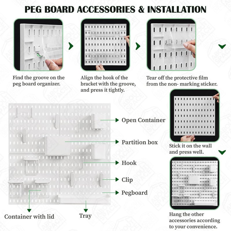 ABOUT SPACE Peg Board - 4 Pcs Pegboard Wall Organizer with 16 Accessories & Self-Adhesive Stickers for Home Office, Bathroom, Kitchen, White Pegboard Wall Hanging - Metal(Black - L 28 x H 28 cm) - Image 4
