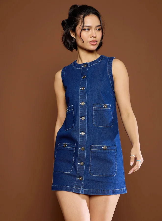 SASSAFRAS Sassafras Navy Washed Front Pocket Denim Mini Dress