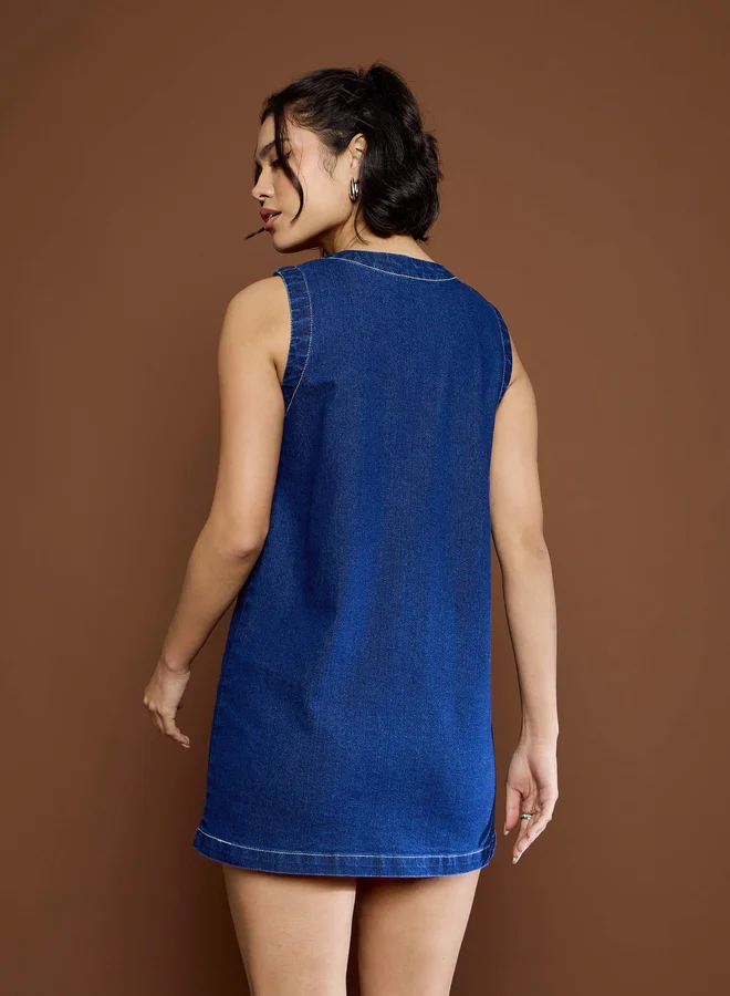 SASSAFRAS Sassafras Navy Washed Front Pocket Denim Mini Dress