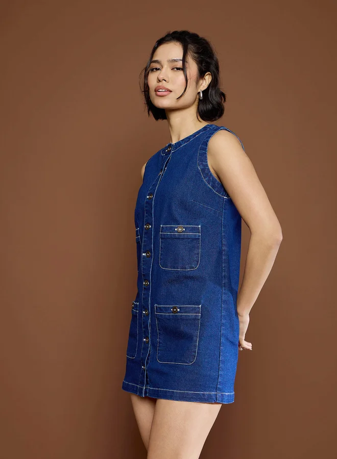 SASSAFRAS Sassafras Navy Washed Front Pocket Denim Mini Dress
