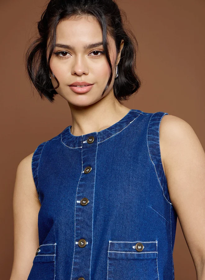 SASSAFRAS Sassafras Navy Washed Front Pocket Denim Mini Dress