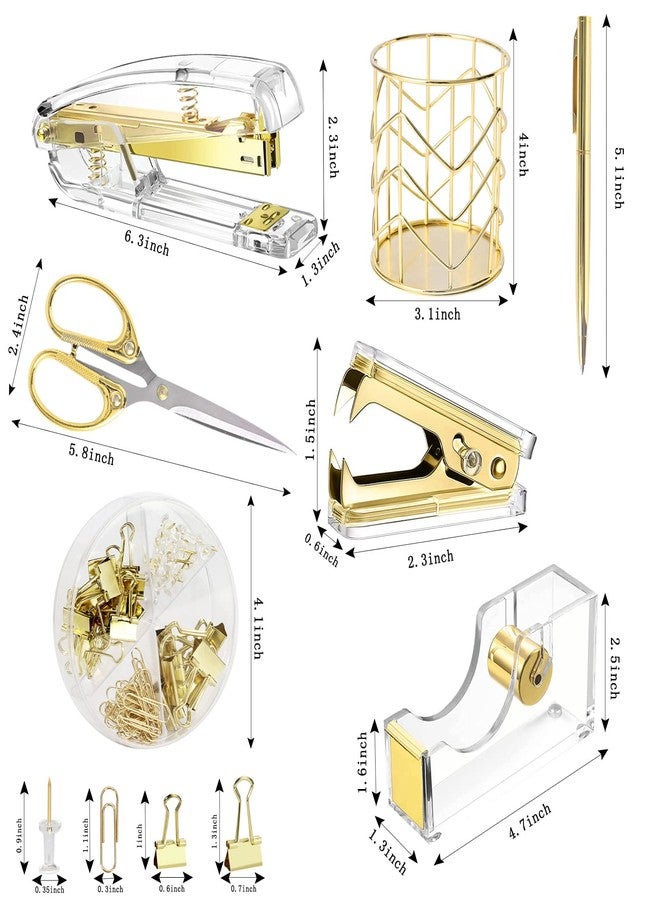 Famassi Gold Desk Accessories，Office Supplies Set Acrylic Stapler Set Staple Remover, Tape/Pen Holder, 2 Ballpoint Pen, Scissor, Binder/Paper Clips and 1000pcs Staples. - Image 2