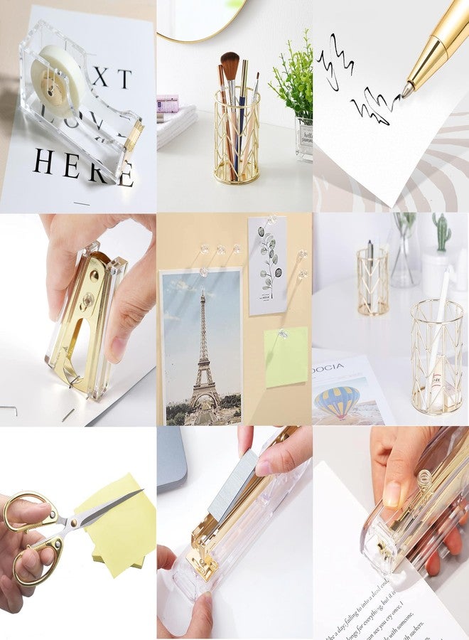 Famassi Gold Desk Accessories，Office Supplies Set Acrylic Stapler Set Staple Remover, Tape/Pen Holder, 2 Ballpoint Pen, Scissor, Binder/Paper Clips and 1000pcs Staples. - Image 5