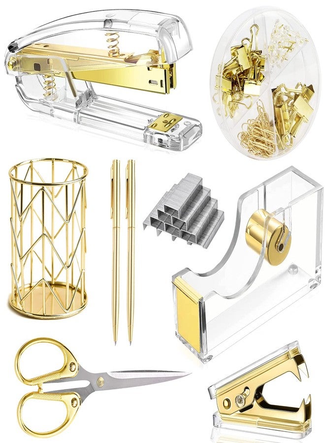 Famassi Gold Desk Accessories，Office Supplies Set Acrylic Stapler Set Staple Remover, Tape/Pen Holder, 2 Ballpoint Pen, Scissor, Binder/Paper Clips and 1000pcs Staples. - Image 1