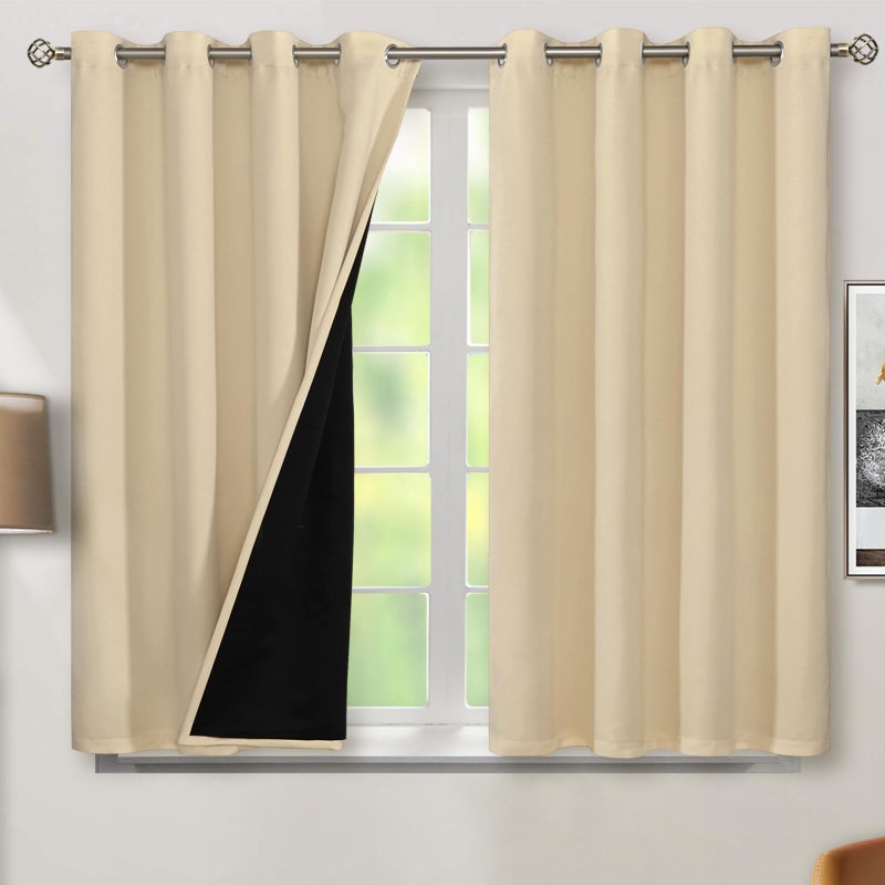 BGment Short 100% Blackout Curtains for Bedroom  Thermal Insulated Energy Efficiency Noise Reducing Grommet Curtains 54 Inch Length with Liner for Small Window 2 Panels Each 52 Inch Wide  Natural - Image 3