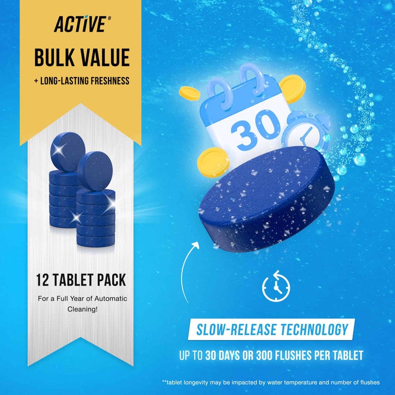 ACTIVE Automatic Toilet Bowl Cleaner Tablets Blue Gel Toilet Tank Cleaners, Septic-Safe Hard Water Ring Stain Remover, Smell Eliminator Heavy Duty Toilet Cleaning & Deodorizer, Fresh Scent - 12 Tabs - Image 4
