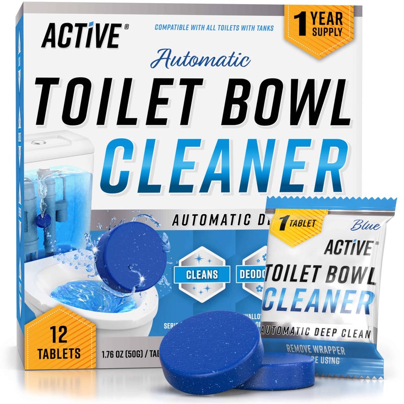 ACTIVE Automatic Toilet Bowl Cleaner Tablets Blue Gel Toilet Tank Cleaners, Septic-Safe Hard Water Ring Stain Remover, Smell Eliminator Heavy Duty Toilet Cleaning & Deodorizer, Fresh Scent - 12 Tabs - Image 1
