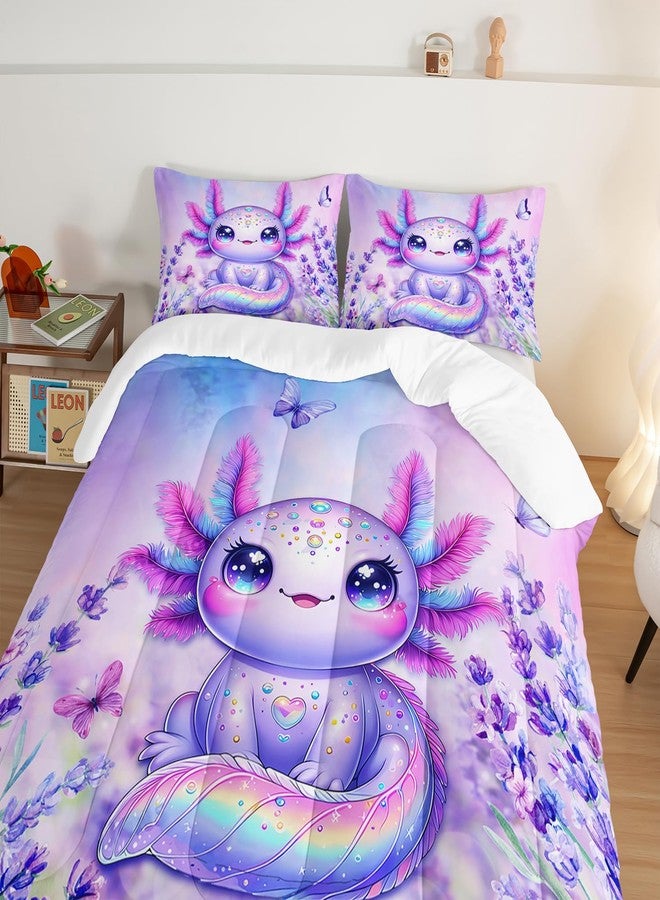 UEVBF Cute Axolotl Comforter Sets Twin Size,Blooming Lavender Butterfly Printed Bedding Set for Kids Girls Room Decor,Cartoon Ocean Animal Themed Comforter Sets with 2 Pillowcases. - Image 3