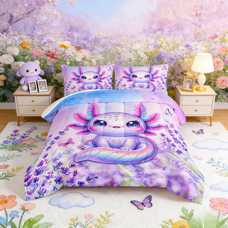 UEVBF Cute Axolotl Comforter Sets Twin Size,Blooming Lavender Butterfly Printed Bedding Set for Kids Girls Room Decor,Cartoon Ocean Animal Themed Comforter Sets with 2 Pillowcases. - Image 1