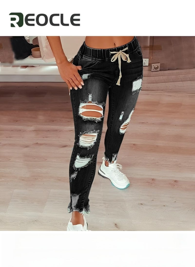 REOCLE Women's High Waisted Ripped Jeans Cut Out Destroyed Frayed Tassels Distressed Denim Pants Lightweight Trendy Jeans - Image 2