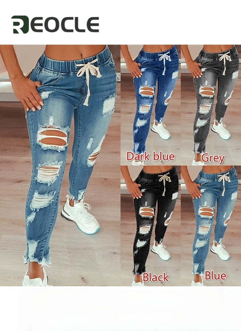 REOCLE Women's High Waisted Ripped Jeans Cut Out Destroyed Frayed Tassels Distressed Denim Pants Lightweight Trendy Jeans - Image 4