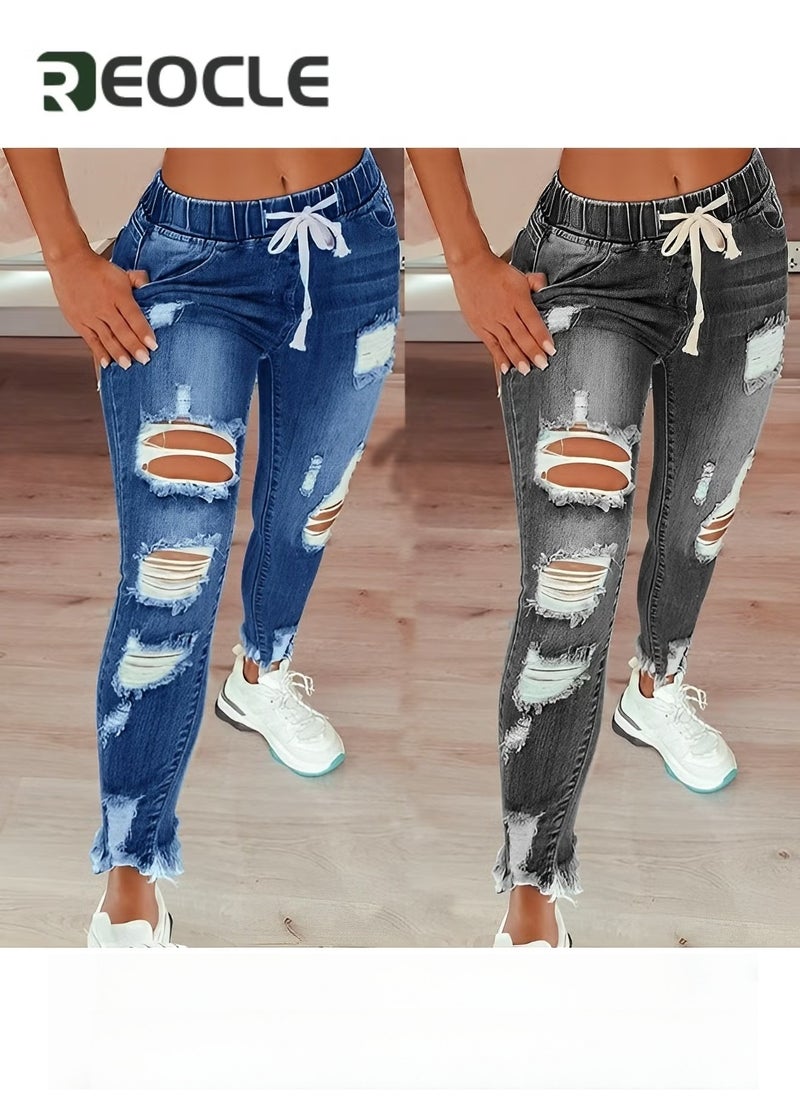 REOCLE Women's High Waisted Ripped Jeans Cut Out Destroyed Frayed Tassels Distressed Denim Pants Lightweight Trendy Jeans - Image 3