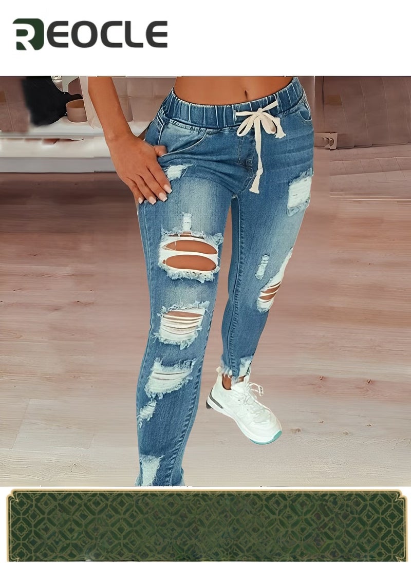 REOCLE Women's High Waisted Ripped Jeans Cut Out Destroyed Frayed Tassels Distressed Denim Pants Lightweight Trendy Jeans - Image 1