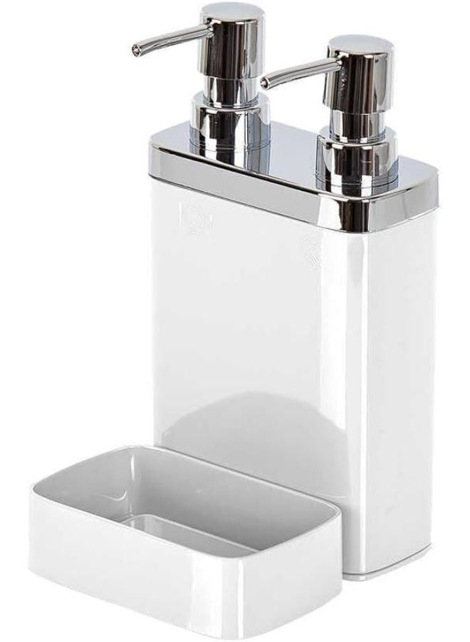 بريمانوفا موزع صابون مزدوج مع حامل اسفنج، حامل صابون سائل لليدين والاطباق - زجاجة بمضخة وحامل اسفنجي 2 في 1 لحوض المطبخ والحمام والشامبو والتخزين والبلسم والتنظيم - ابيض - Image 1