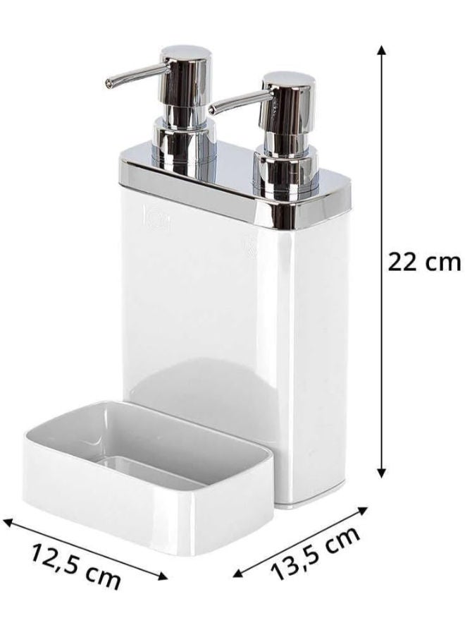 بريمانوفا موزع صابون مزدوج مع حامل اسفنج، حامل صابون سائل لليدين والاطباق - زجاجة بمضخة وحامل اسفنجي 2 في 1 لحوض المطبخ والحمام والشامبو والتخزين والبلسم والتنظيم - ابيض - Image 2