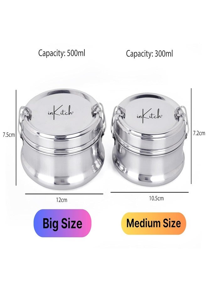 inKitch Premium Stainless Steel Lunch Box for Office, Kids & Travel | Airtight, Leakproof Meal Pack with Separator Plate & Locking Clip | Durable Portable Food Container (2, 300ml & 500ml) - Image 3