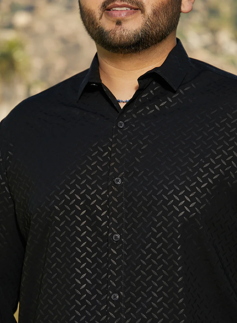 Instafab Plus Instafab Plus Men's Onyx Black Marquise-Imprint Shirt For Casual Wear | Spread Collar | Long Cuffed Sleeves | Button Closure | Plus Size Shirt Crafted With Comfort Fit For Everyday Wear