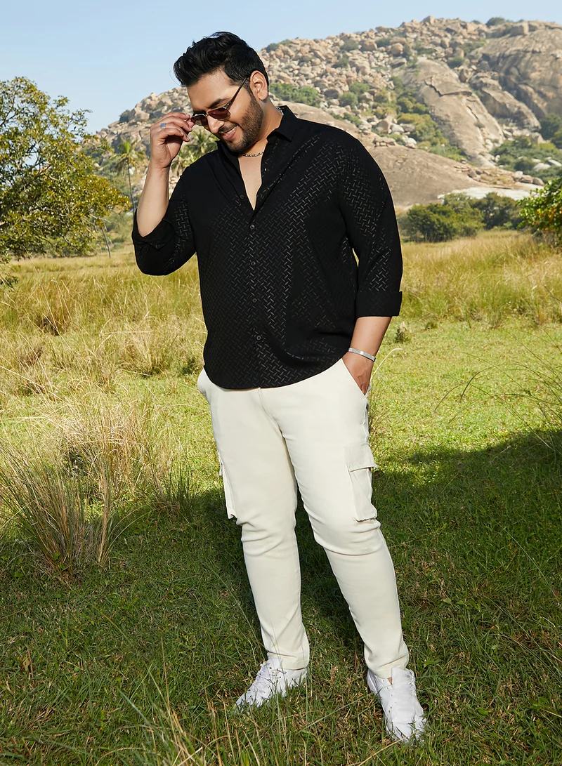 Instafab Plus Instafab Plus Men's Onyx Black Marquise-Imprint Shirt For Casual Wear | Spread Collar | Long Cuffed Sleeves | Button Closure | Plus Size Shirt Crafted With Comfort Fit For Everyday Wear