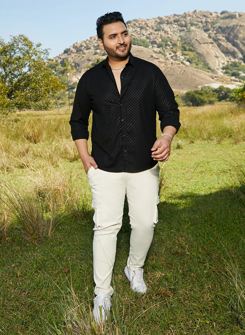 Instafab Plus Instafab Plus Men's Onyx Black Marquise-Imprint Shirt For Casual Wear | Spread Collar | Long Cuffed Sleeves | Button Closure | Plus Size Shirt Crafted With Comfort Fit For Everyday Wear
