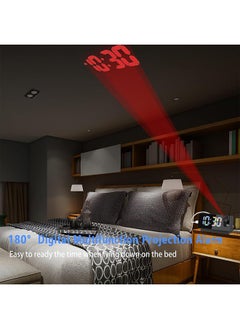 سوسيتي ساعة منبه رقمية إسقاطية مع درجة حرارة، 12/24 ساعة مرآة LED منبه بصوت عالٍ مع منفذ USB، ساعة منبه إسقاط قابلة للتعديل 180 درجة قيلولة بعد الظهر لغرفة النوم (إسقاط أسود)  - Image 2