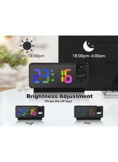 سوسيتي ساعة منبه رقمية إسقاطية مع درجة حرارة، 12/24 ساعة مرآة LED منبه بصوت عالٍ مع منفذ USB، ساعة منبه إسقاط قابلة للتعديل 180 درجة قيلولة بعد الظهر لغرفة النوم (إسقاط أسود)  - Image 3